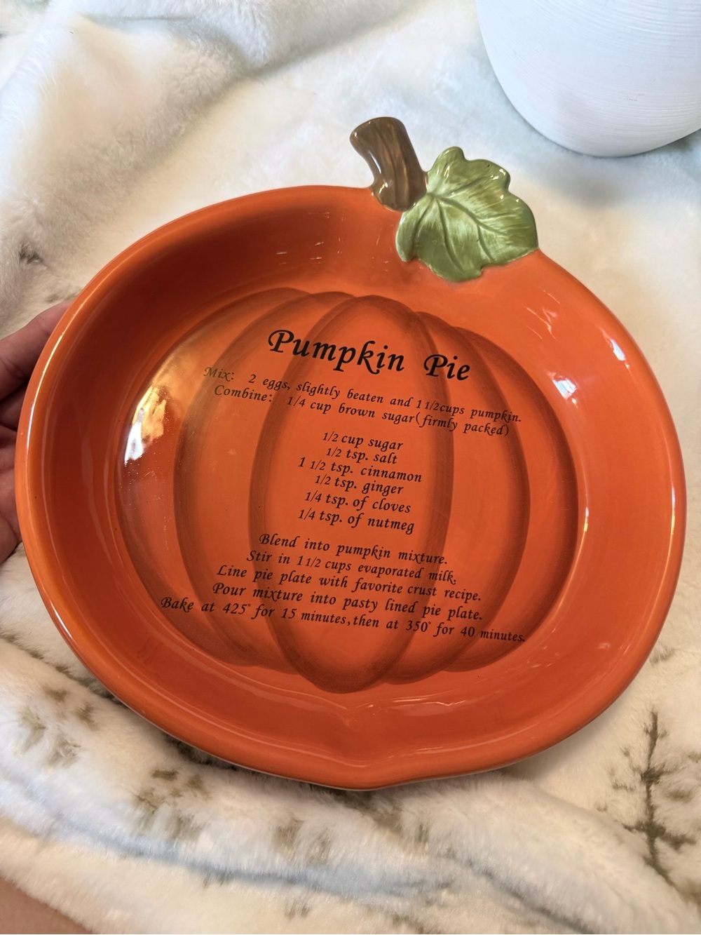 Orange Pumpkin Pie Serving Dish with Leaf Accent